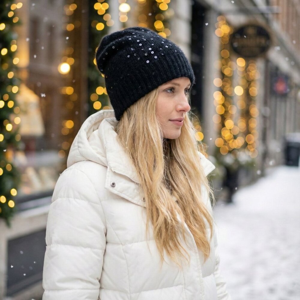 Y2K Academia Glam Сasual Angora Sequin Cozy Beanie Black Soft Fluffy Fall Winter